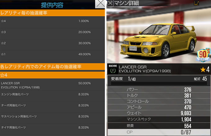 首都高バトル XTREME（エクストリーム）攻略 チケットガチャでLANCER GSR EVOLUTION Ⅴ (CP9A)が手に入る！