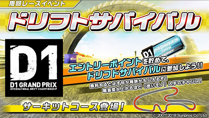 ドリフトスピリッツ ドリスピ 無課金 攻略 「2018D1GP」コラボレーション第1弾!周回レースイベント「ドリフトサバイバル」開催!